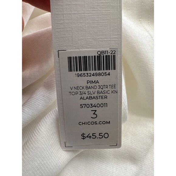 Chicos Pima Cotton Tee Top Women XL White V-neck 3/4 Sleeve Basic Neck NWT - Picture 7 of 9